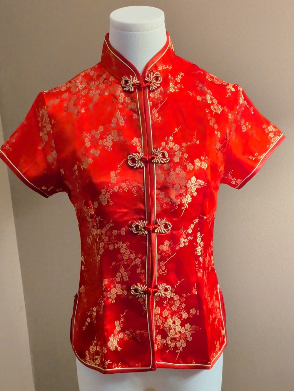 Women's Red Satin Button-Down Top with Mandarin Collar